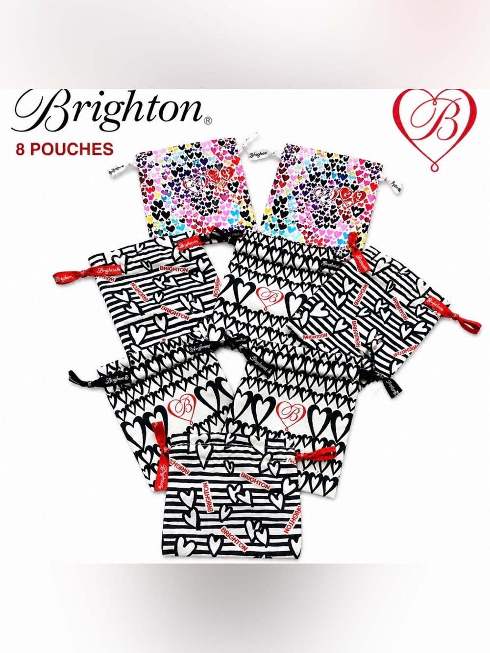 Brighton Lot 8 Piece Assorted Heart Print Drawstring Pouches Jewelry Gift Bags